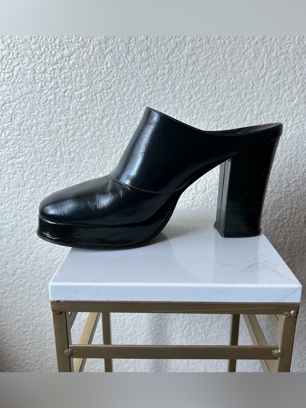 Black Leather Platform Mule Heels